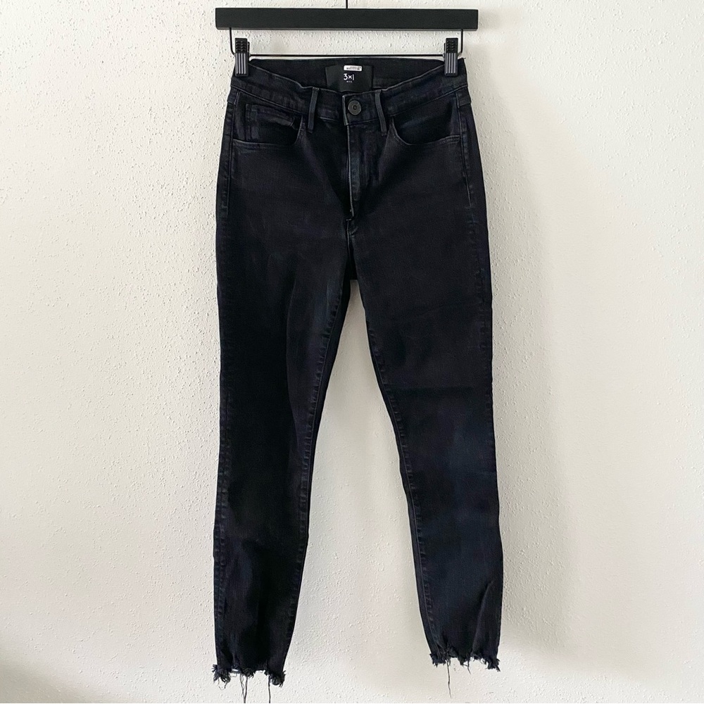 3X1 Women's Size 27 Black Mid-Rise Stretch Denim Crop Skinny Jeans w/ Frayed Hem